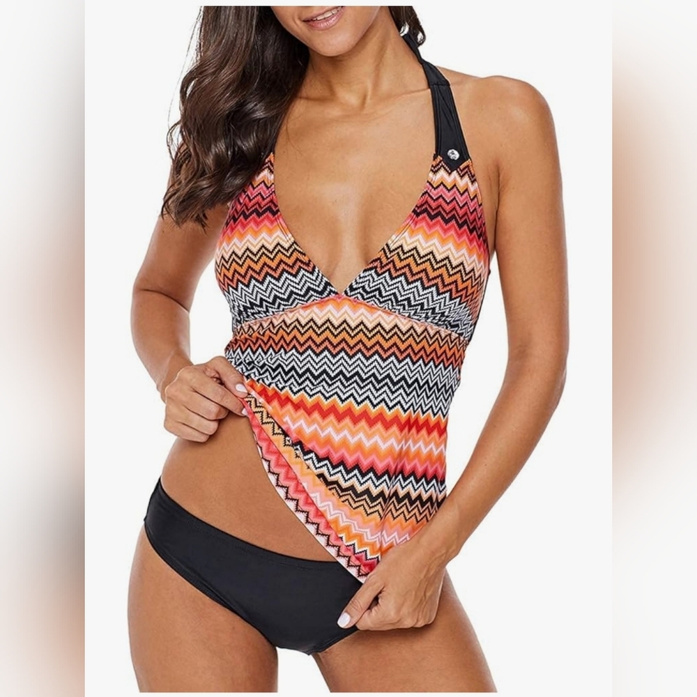 Women Floral Stripe Printed V Neck Swim Top Halter Tankini Bathing Suit Top